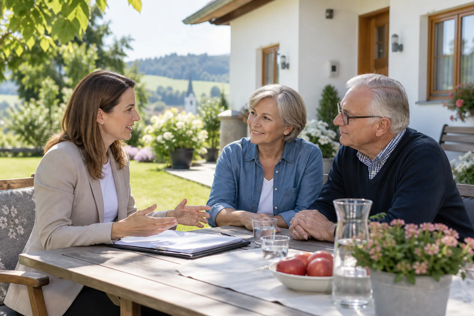 Regionalkundige Frau im Gespräch mit Hauseigentümern in Oberösterreich